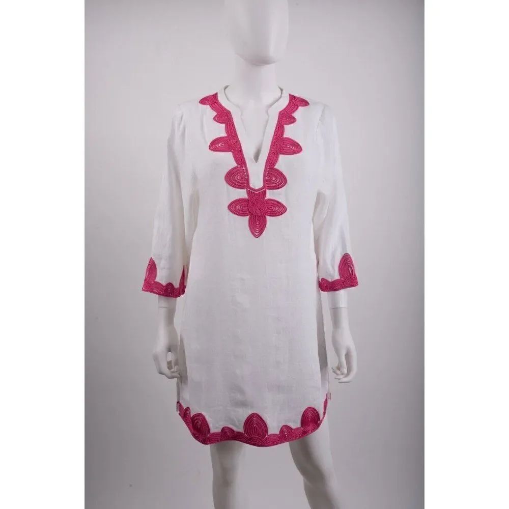 Boden Womens Embroidered Linen Kaftan Dress UK 6 US 2 White Pink 3/4 Sleeve NWT